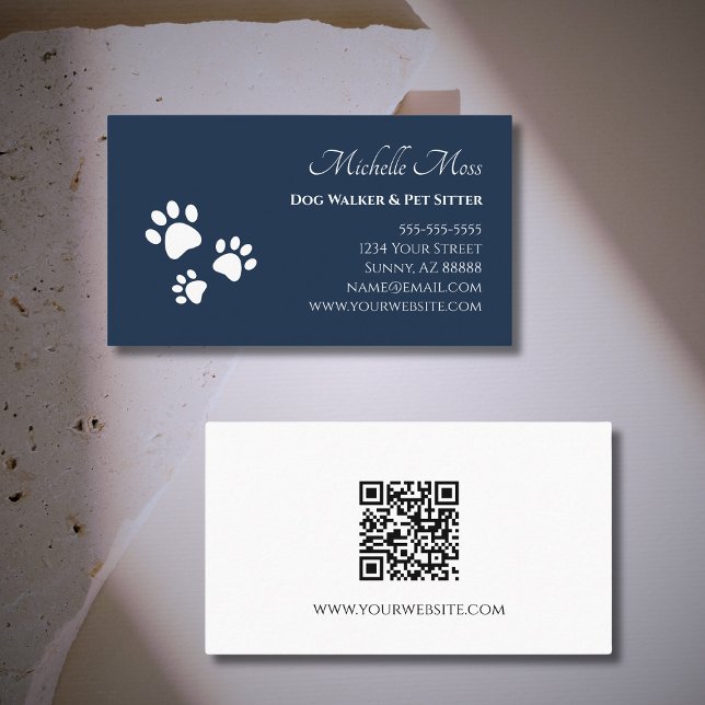 Paw Prints QR code Navy Blue Pet Sitter  Business Card (Creator Uploaded)
