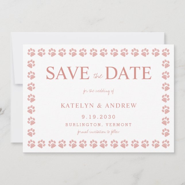 Paw Prints Rose Gold Glitter Save The Date Invitation (Front)