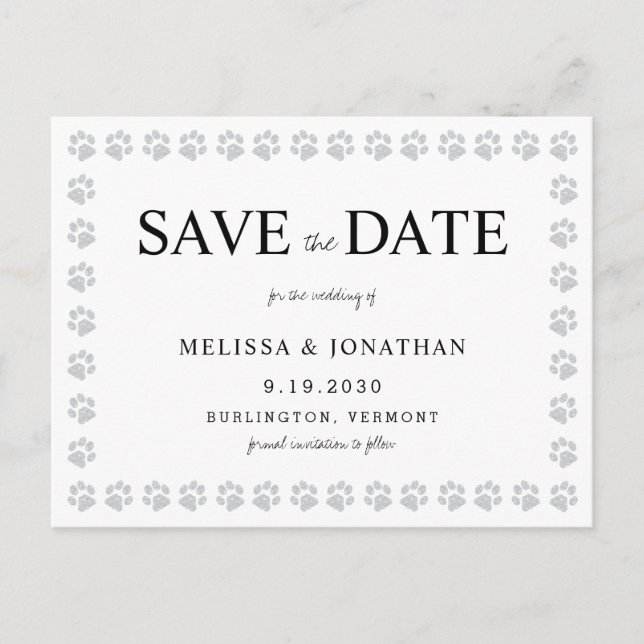 Paw Prints Silver Glitter Non Photo Save The Date  Postcard (Front)