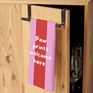 'Paw Prints Welcome Here.' Red And Pink Striped  Tea Towel