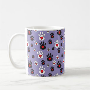 Paw Prints with red hearts on blue Coffee Mug