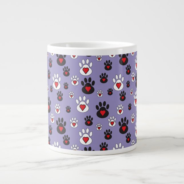 Paw Prints with red hearts on blue Large Coffee Mug (Front)