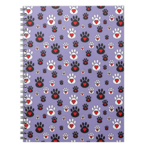 Paw Prints with Red Hearts on Blue Notebook
