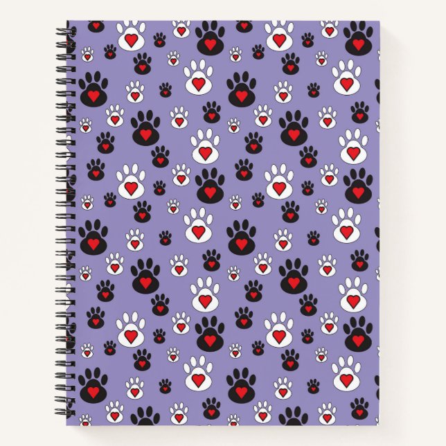 Paw prints with red hearts on blue notebook (Front)