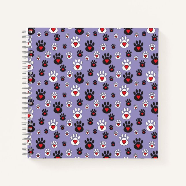 Paw Prints with red hearts on blue Notebook (Front)