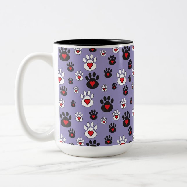 Paw Prints with red hearts on blue Two-Tone Coffee Mug (Left)