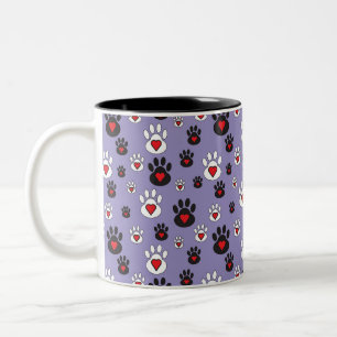 Paw Prints with red hearts on blue Two-Tone Coffee Mug