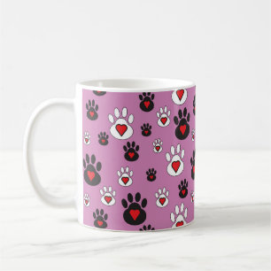 Paw Prints with red hearts on Pink Coffee Mug
