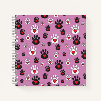 Paw prints with red hearts on pink  notebook