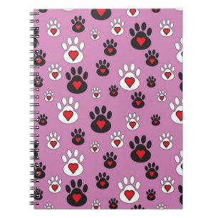 Paw prints with red hearts on pink  notebook