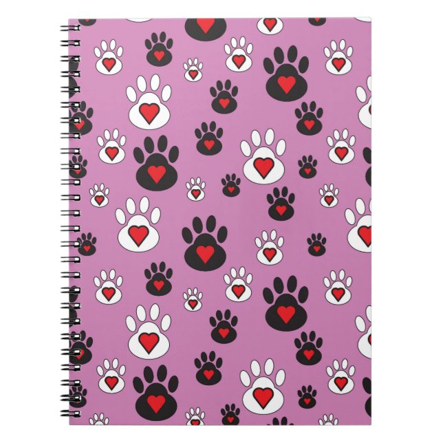 Paw prints with red hearts on pink  notebook (Front)
