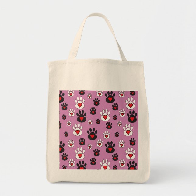 Paw prints with red hearts on pink  tote bag (Front)