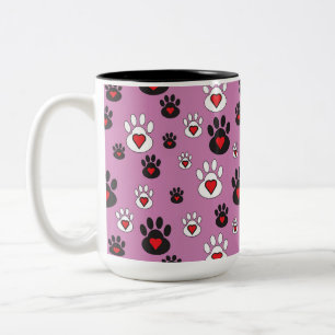 Paw prints with red hearts on pink  Two-Tone coffee mug