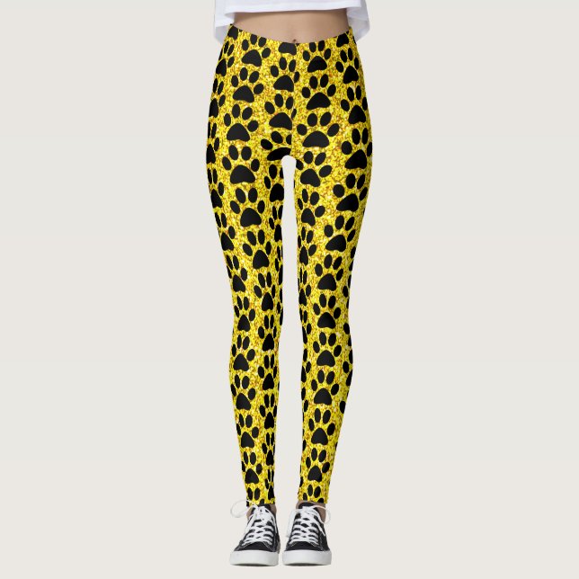 Paw Prints Yellow Gold Glitter Black Patterns Cute Leggings (Front)
