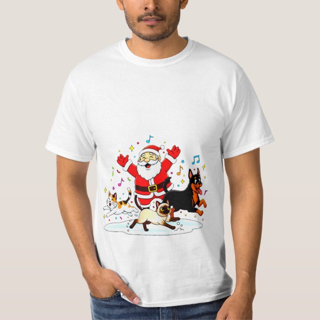 Paw-sitive Purr-suit: Santa’s Joyful Chase T-Shirt (Front)
