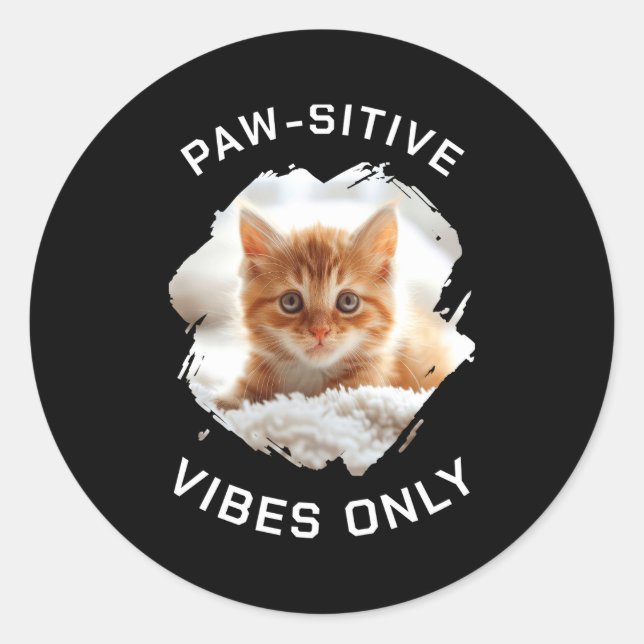 Paw Sitive Vibes Only Cat Photo Black  Classic Round Sticker (Front)