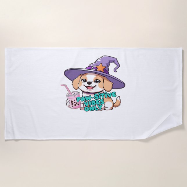 Paw-sitive Vibes Only – Cute Dog With Bubble Tea a Beach Towel (Front)