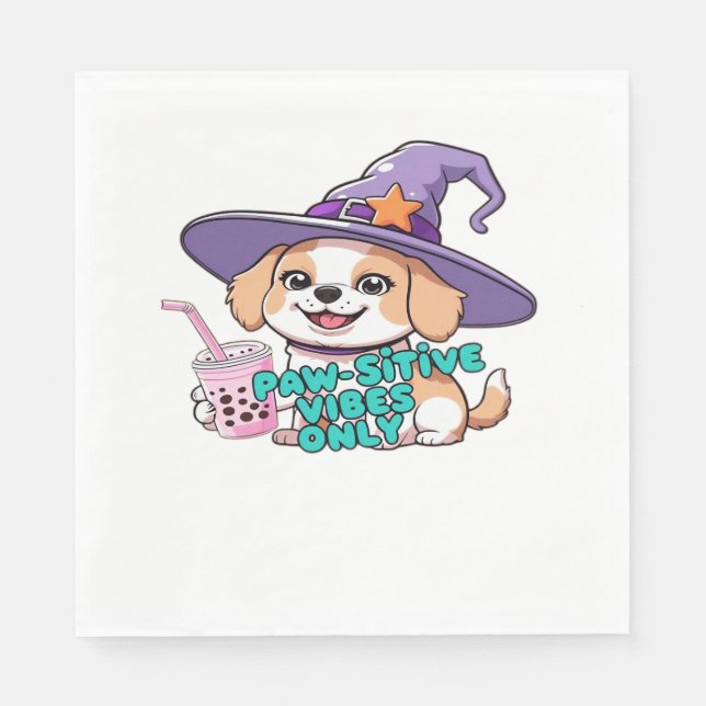 Paw-sitive Vibes Only – Cute Dog With Bubble Tea a Napkin (Front)