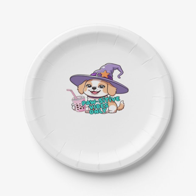 Paw-sitive Vibes Only � Cute Dog With Bubble Tea a Paper Plate (Front)