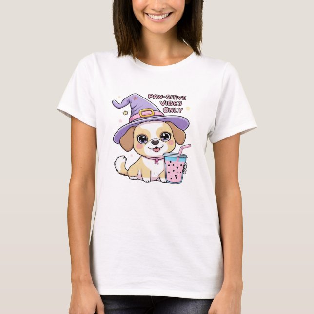 Paw-sitive Vibes Only � Cute Dog With Bubble Tea a T-Shirt (Front)
