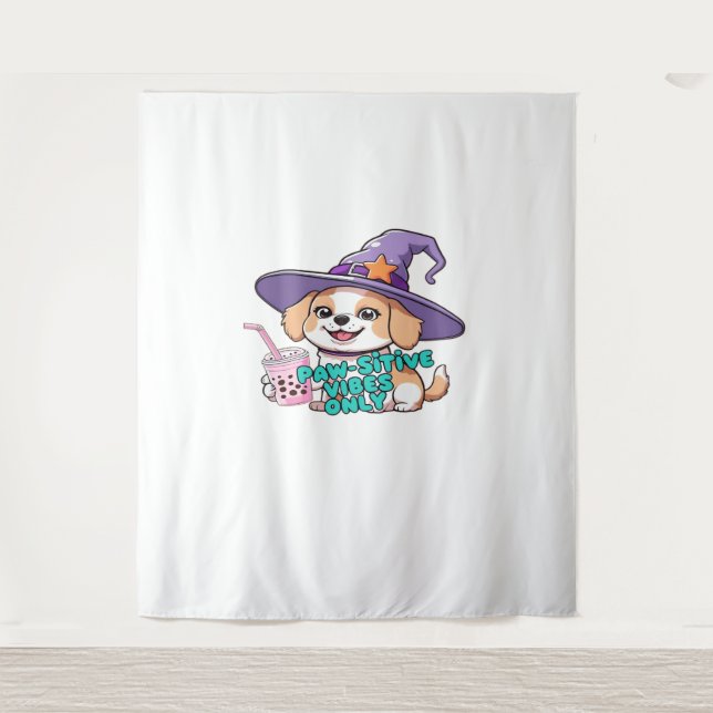 Paw-sitive Vibes Only – Cute Dog With Bubble Tea a Tapestry (Front)
