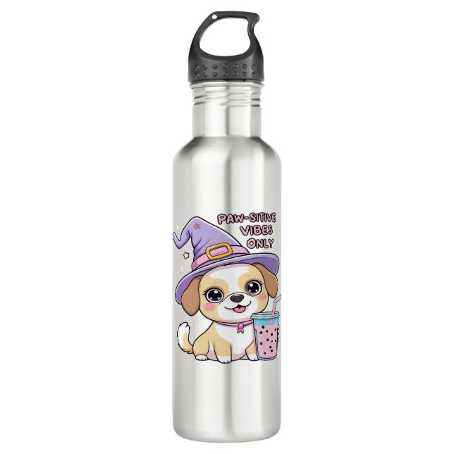 Paw-sitive Vibes Only Cute Dog With Bubble Tea Hal 710 Ml Water Bottle (Front)
