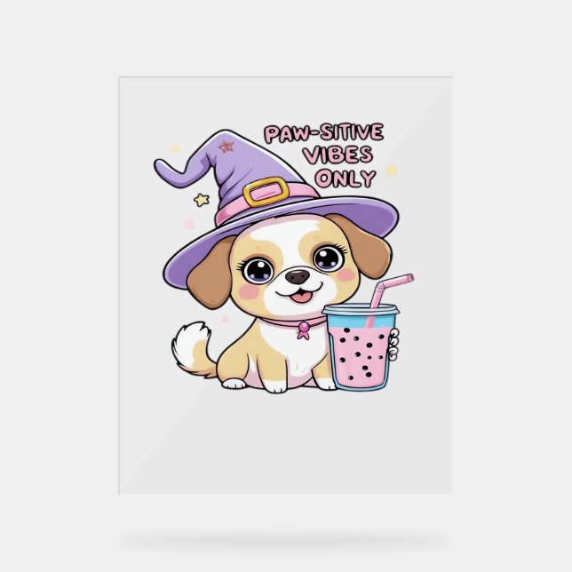 Paw-sitive Vibes Only Cute Dog With Bubble Tea Hal Acrylic Sign (Front)