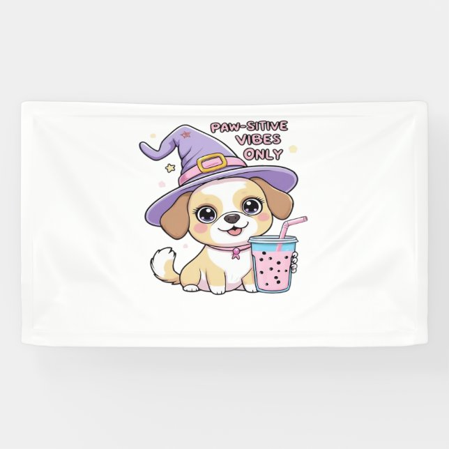 Paw-sitive Vibes Only Cute Dog With Bubble Tea Hal Banner (Horizontal)