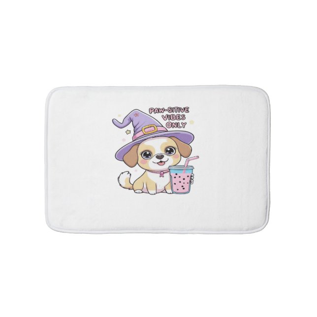 Paw-sitive Vibes Only Cute Dog With Bubble Tea Hal Bath Mat (Front)