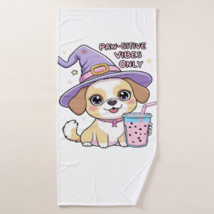 Paw-sitive Vibes Only Cute Dog With Bubble Tea Hal Bath Towel