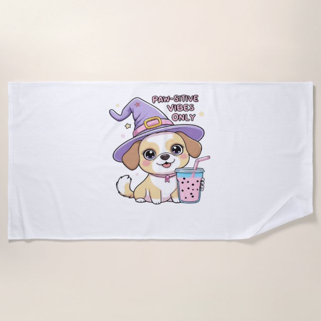Paw-sitive Vibes Only Cute Dog With Bubble Tea Hal Beach Towel (Front)