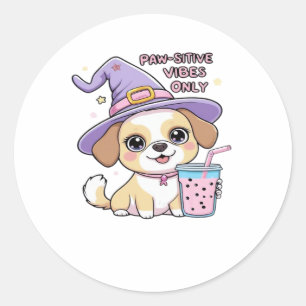 Paw-sitive Vibes Only Cute Dog With Bubble Tea Hal Classic Round Sticker