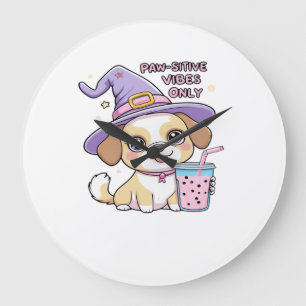Paw-sitive Vibes Only Cute Dog With Bubble Tea Hal Large Clock