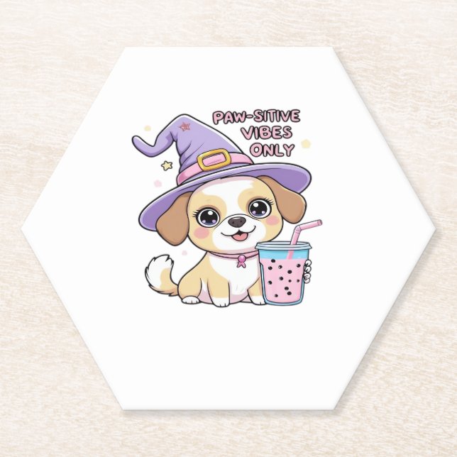 Paw-sitive Vibes Only Cute Dog With Bubble Tea Hal Paper Coaster (Front)