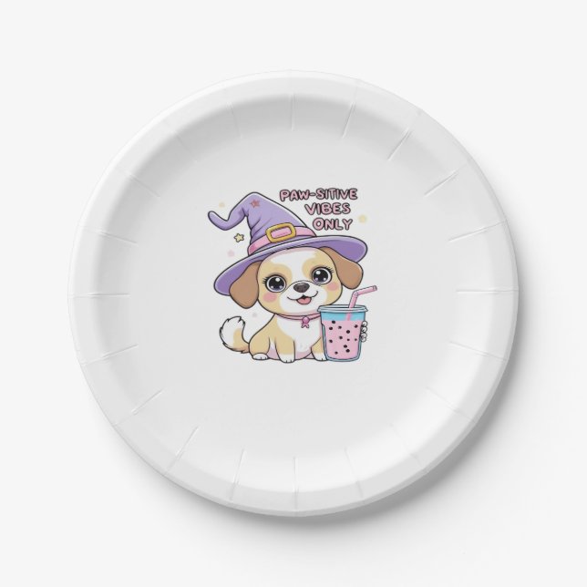 Paw-sitive Vibes Only Cute Dog With Bubble Tea Hal Paper Plate (Front)
