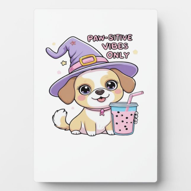 Paw-sitive Vibes Only Cute Dog With Bubble Tea Hal Plaque (Front)