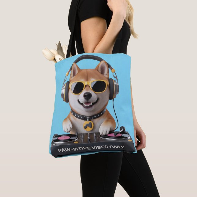 Paw-sitive Vibes Only – DJ Shiba Inu Dog Art Tote Bag (Close Up)