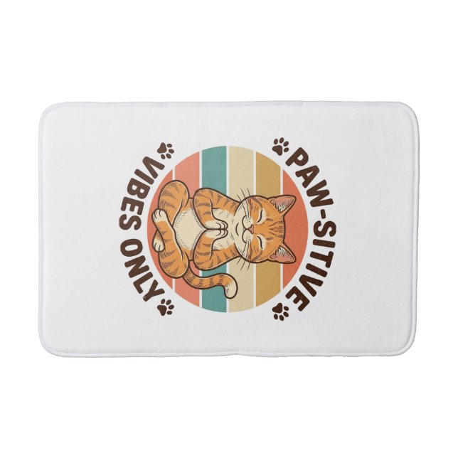 Paw-Sitive Vibes Only Meditating Cat Retro Design_ Bath Mat (Front)