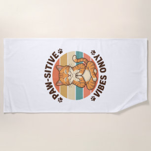 Paw-Sitive Vibes Only Meditating Cat Retro Design_ Beach Towel