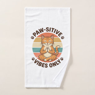 Paw-Sitive Vibes Only Meditating Cat Retro Design_ Hand Towel