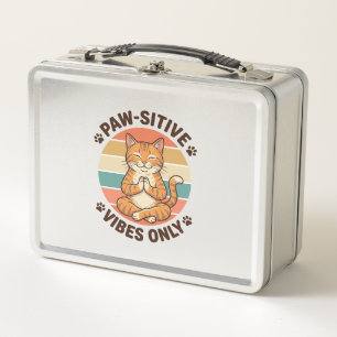 Paw-Sitive Vibes Only Meditating Cat Retro Design_ Metal Lunch Box