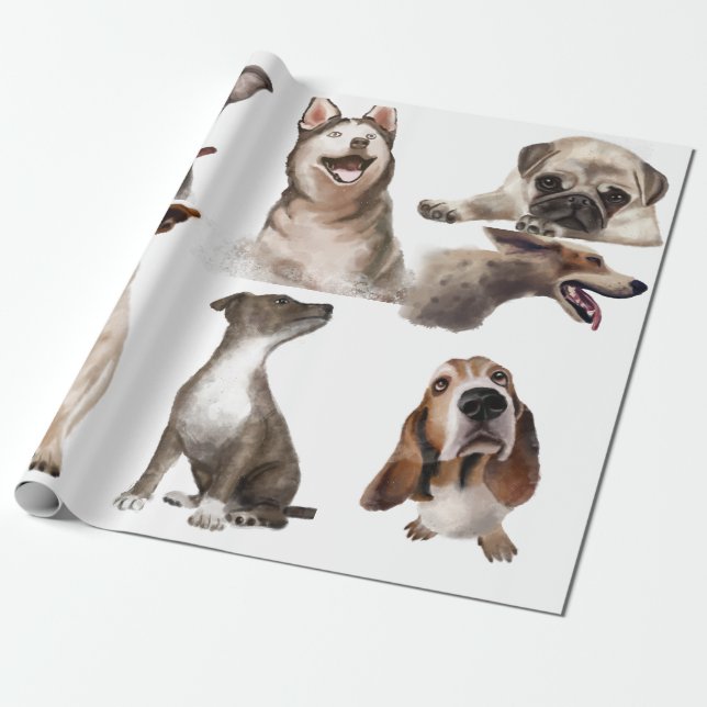 Paw-sitive Vibes Watercolor Dogs Wrapping Paper (Unrolled)