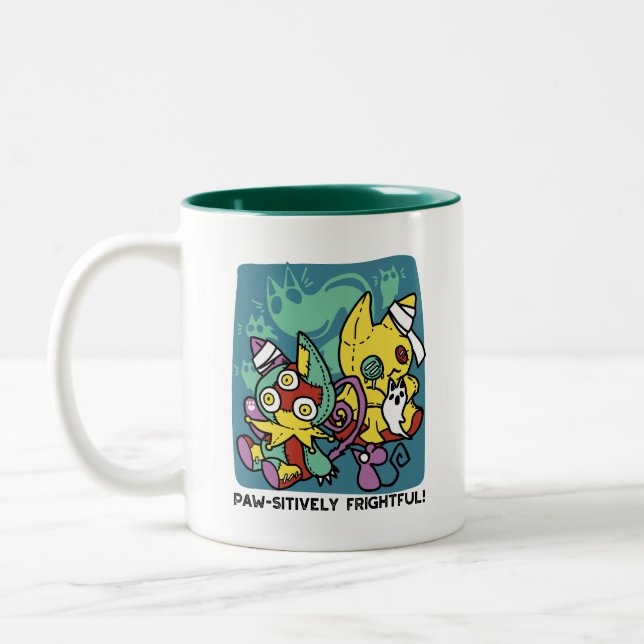 Paw-sitively Frightful | Monstrous Cats Halloween  Two-Tone Coffee Mug (Left)