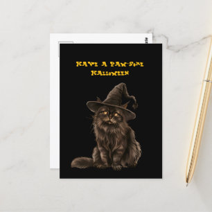 Paw-some Halloween Black Cat Witch Hat  Postcard