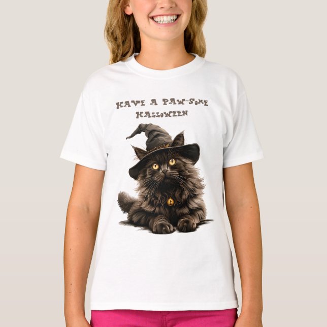 Paw-some Halloween Black Cat Witch Hat  T-Shirt (Front)