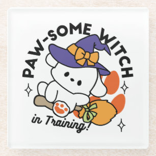 Paw-some Witch in Training – Cute Halloween Dog Glass Coaster