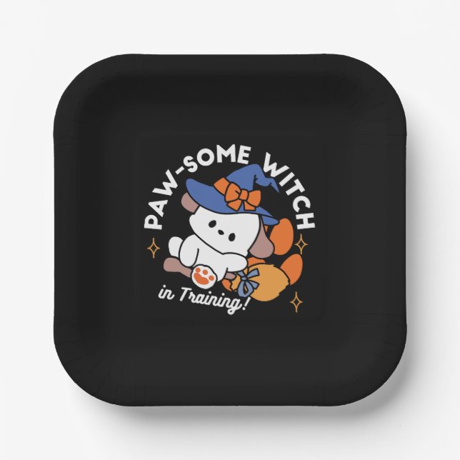 Paw-some Witch in Training – Cute Halloween Dog  Paper Plate (Front)