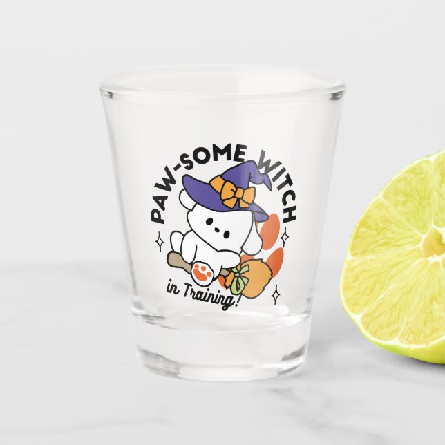 Paw-some Witch in Training – Cute Halloween Dog  Shot Glass (Front)