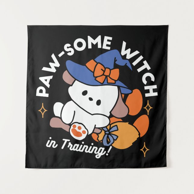 Paw-some Witch in Training – Cute Halloween Dog  Tapestry (Front)