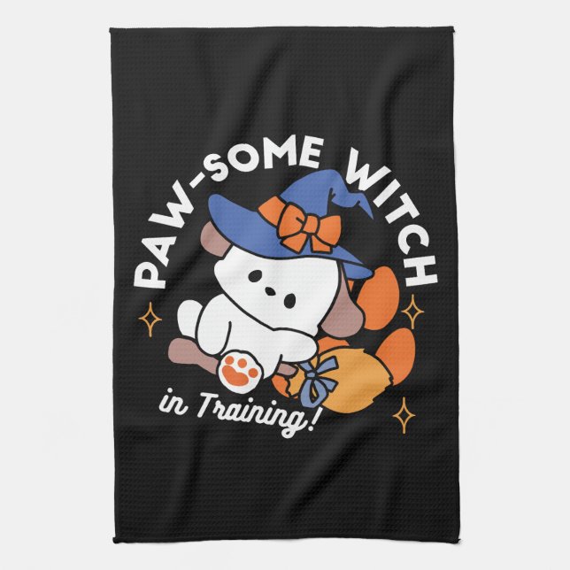Paw-some Witch in Training – Cute Halloween Dog  Tea Towel (Vertical)